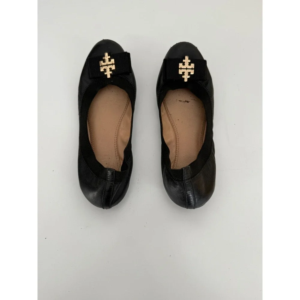 Tory Burch Liana Black Leather Bow Ballet Flats Gold Logo Hardware Round Toe 6.5
